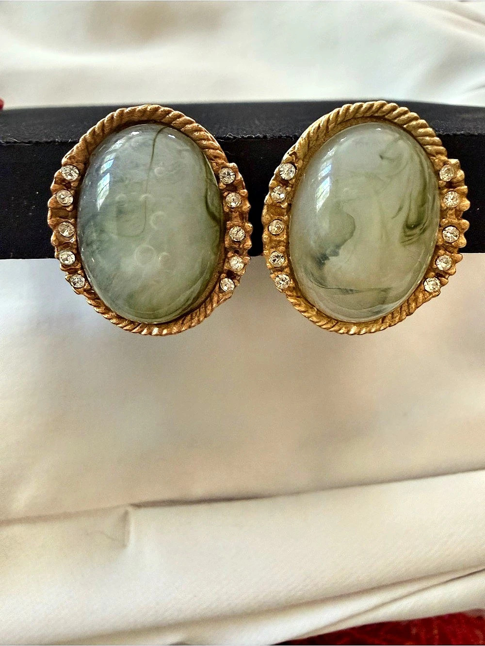 Vintage Green Cabochon Rhinestone Clip-On Earrings